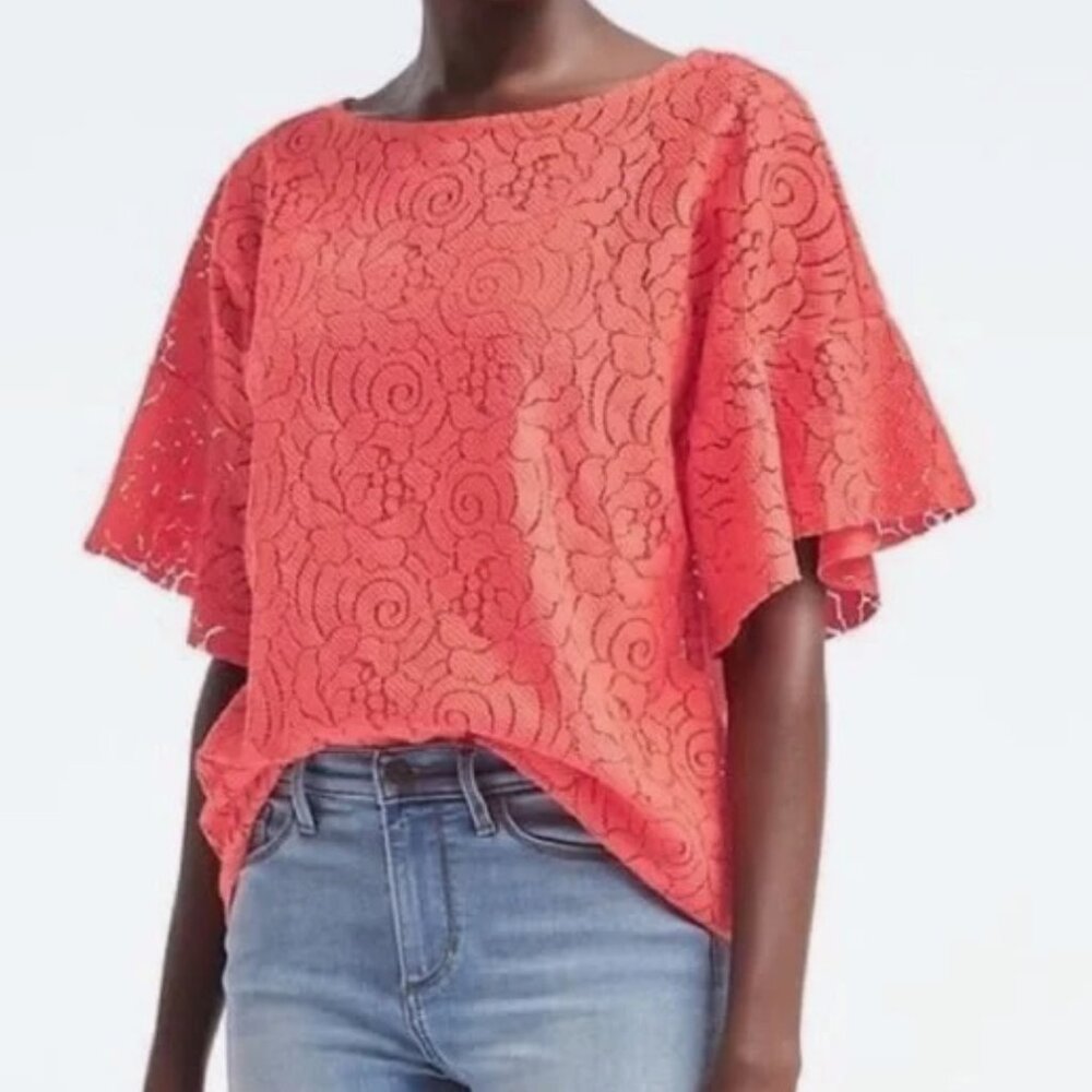 Banana Republic Lace Flutter Sleeve Coral‎ Top Size XL